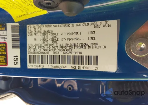 2016 Toyota Tacoma Sr5 V6 из США, поврежденный, VIN 3TMAZ5CN8GM016243